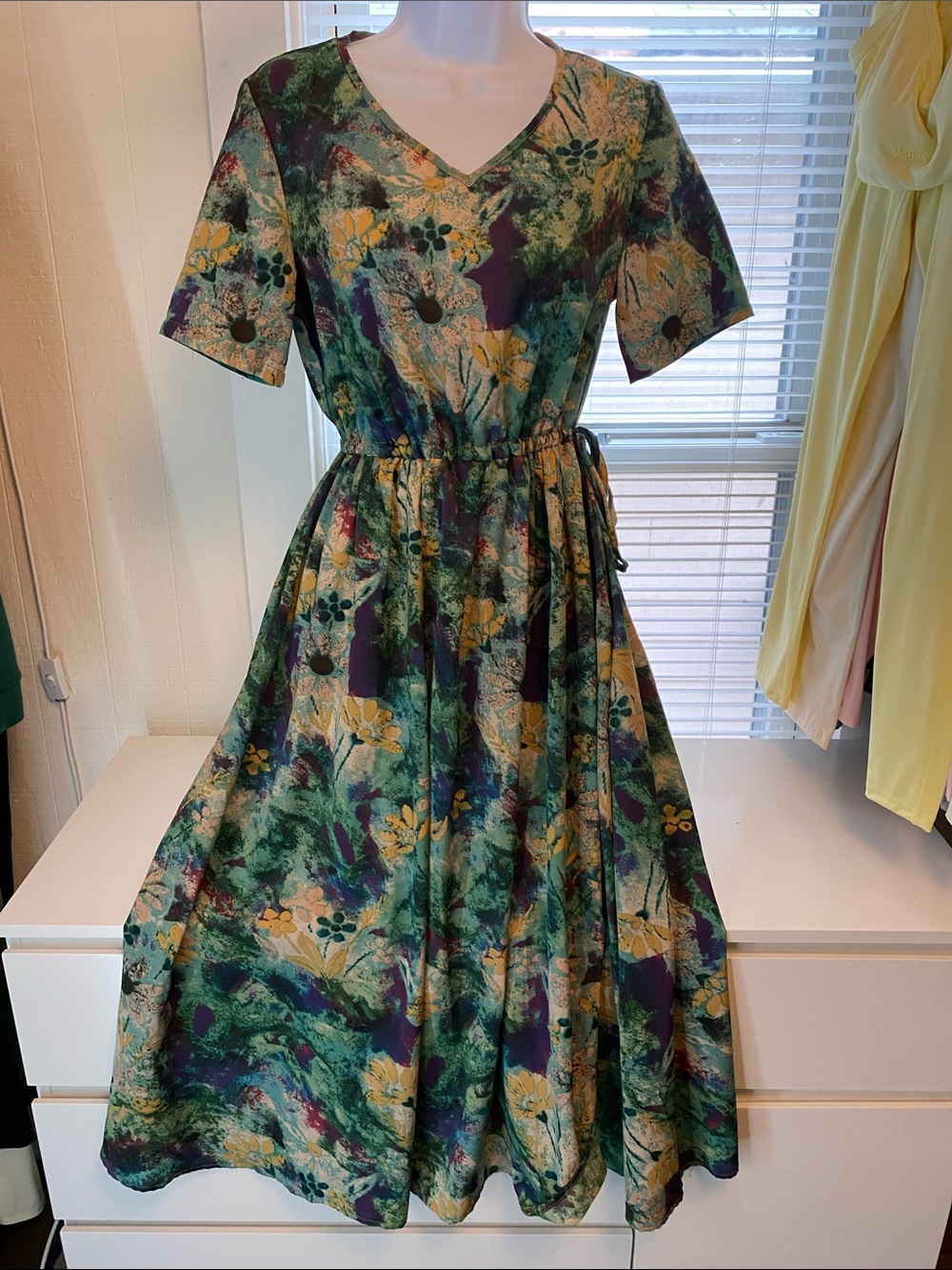 Floral V-Neck Midi Dress in Green and Yellow
